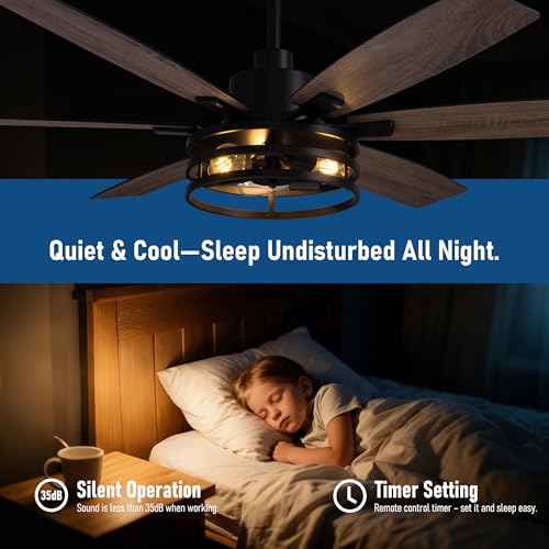 Image of Farmhouse 60 Inch Ceiling Fan with Remote and App Control, Quiet 6-Speed Reversible DC Motor, Black Cage Design for Bedroom, Living Room, Covered Patio