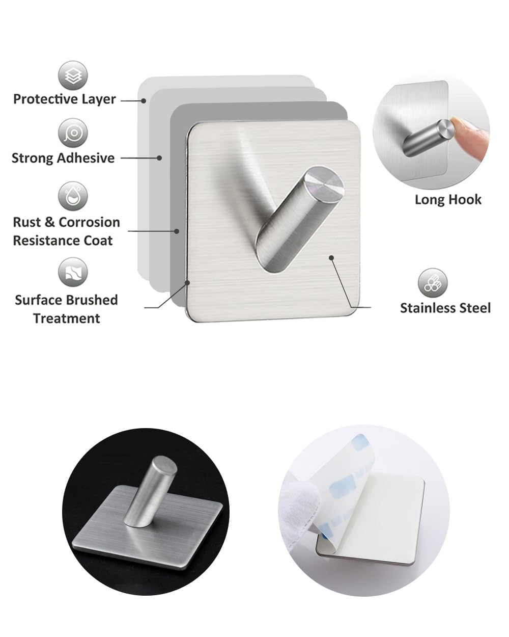 YLITREUS Ganci Adesivi Acciaio Inox 6 Pezzi – Ganci per Accappatoio Senza Forare, Impermeabili e Antiruggine, Adatti per Bagno e Cucina, Argento