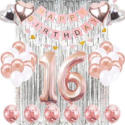 16th Birthday Decorations Banner Balloon, Happy Birthday Banner, 16th Rose Gold Number Balloons, Number 16 Birthday Balloons, 16 Years Old Birthday Decoration Supplies Sweet Sixteen Decorations
