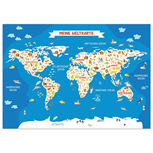 Kizibi Carte du monde pour chambre d'enfant Motif carte du monde Format A2