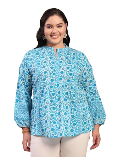 Image of Stylum Women's Plus Size Blue Floral Printed Pure Cotton Top | Plus Size Tops for Women Short Kurti