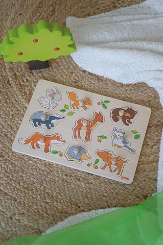 goki 57387 Steckpuzzle Waldtiere, Holzpuzzle mit 9 niedlichen Waldtieren und großen Greifknöpfen