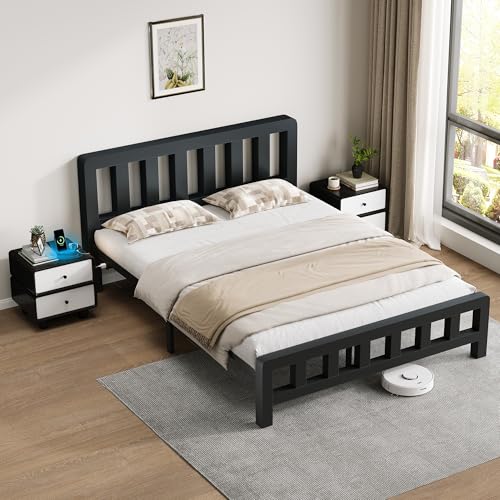 Image of Queen Size Metal Platform Bed Frame with Movable USB Charging Ports | 2000 Lbs Heavy Duty Noise-Free Steel Slats, 10 inch Under Bed Storage, Thickened Vertical Slatted Headboard, for Teens Dorm Adult