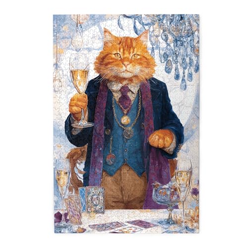 Regal Cat with Champagne at Fancy Dinner – 1000 Piece Wooden Puzzle for Adults, Anthropomorphic Cat Art with Cards and Crystal Decor