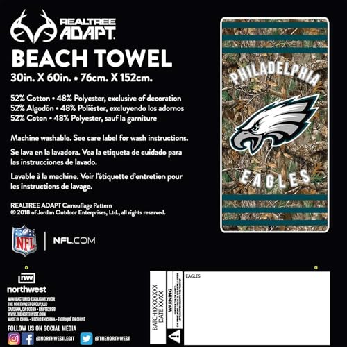 Image of Northwest NFL Philadelphia Eagles Unisex-Adult Beach Towel, 30 inch x 60 inch, Realtree Camo Stripes