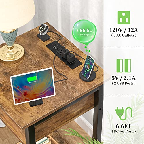 Ecoprsio Nightstand Set Of 2 With Charging Station, End Table Side Table With Usb Ports, Wood Night Stand, Rustic Bedside Table With Drawer And Shelf For Bedroom, Living Room, Sofa Couch, Rustic Brown #TOP3