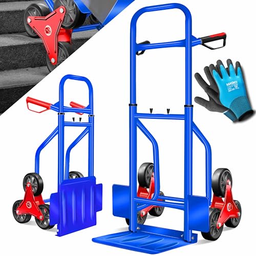 MASKO® Carretilla para escaleras, 200 kg, carretilla de transporte, carretilla apilable, plegable, ruedas de goma dura, asas de plástico, marco de acero, color azul