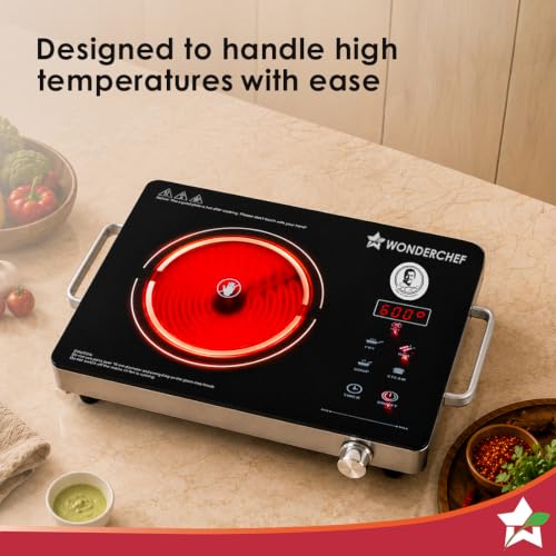 Image of Wonderchef Evita Neo Infrared Electric Cooktop with Crystal Glass for Kitchens, 2200W, BBQ Grill Included, 4 Pre-set Functions, Compatible with Steel, Ceramic, Cast-iron, Aluminium, 2-Yr Warranty