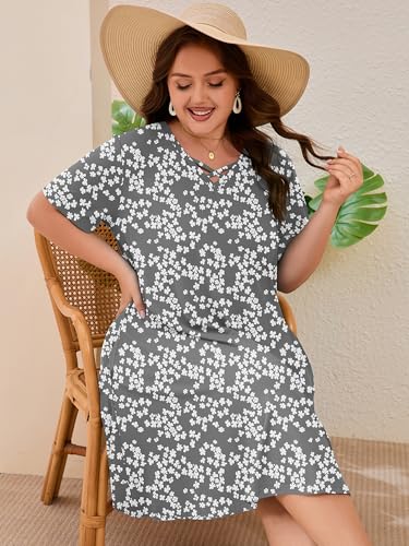 Image of AusLook Plus Size Midi Dress for Women Short Sleeve V Neck Criss Cross A Line Summer Casual Vacation Sundresses with Pockets