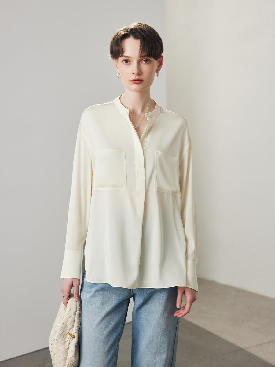 Camisa de Oficina Holgada de Seda con Cuello Alto para Mujer