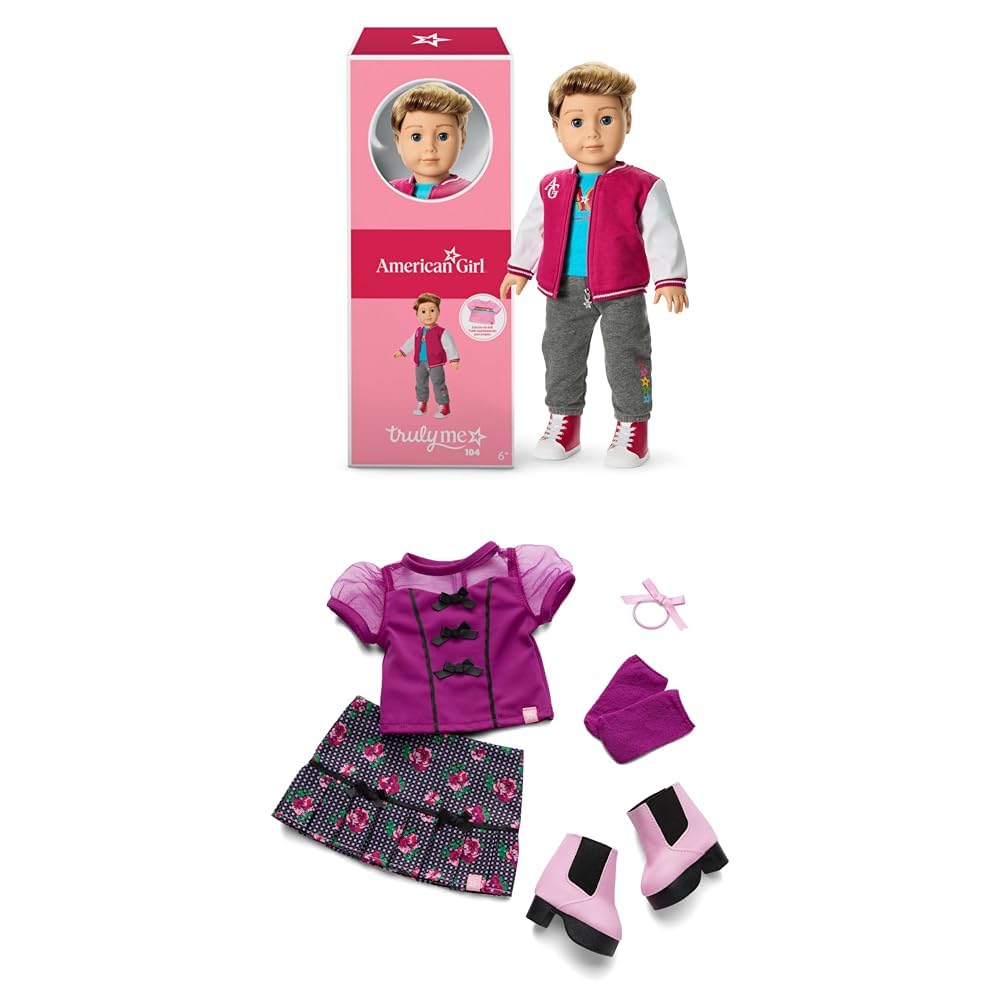 Bundle of American Girl, Truly Me 18-inch Doll #104 with Dark-Blue Eyes, Straight Caramel Hair, Light Skin, for Ages 6+ + Truly Me 18-inch Doll Outfit, Bows &amp; Blooms Outfit, for Ages 6+