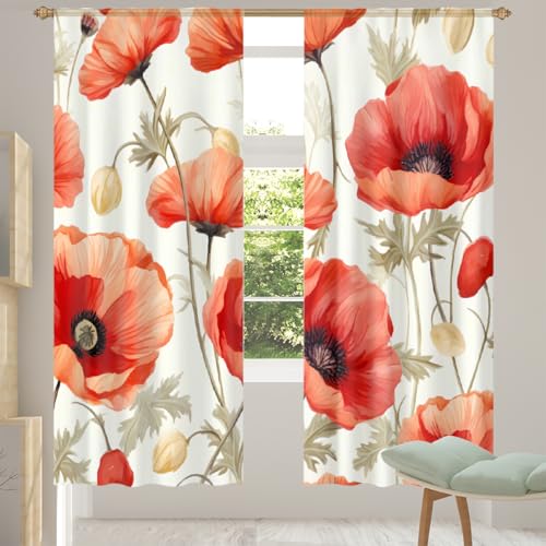 Mexpekil Paire de voilages semi-transparents rétro avec motif coquelicot rouge pour salon, chambre à coucher, cuisine, 140 cm de large, 2 panneaux