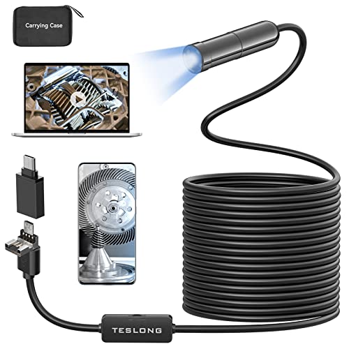 5MP Auto-Focus Endoscope, Teslong 3rd Generation USB Borescope with 5.0 Megapixel Inspection Camera, 16.5ft Waterproof Semi-Rigid Cable & Adjustable Led Lights Probe for Android Phone Window