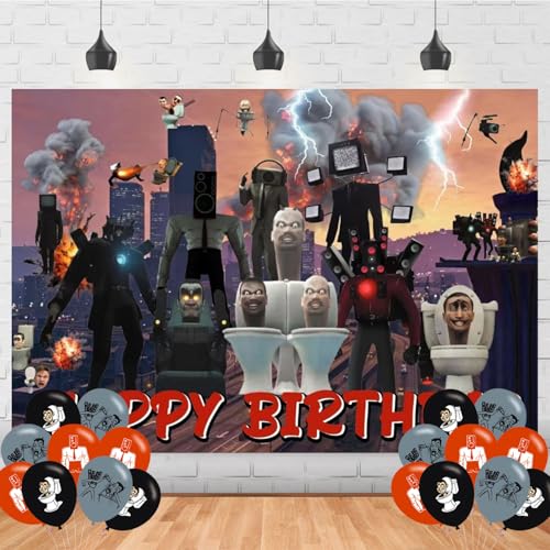Toilet Man Birthday Party Supplies Backdrop 5x3 Skibidi Happy Birthday Background Photography Cartoon Party Decorations Banner Photo Booth Props