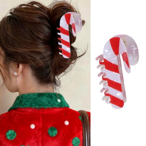 Christmas Hair Claw Clips Candy Canes Hair Clip Acetate Nonslip Hair Barrettes White Red Crutch Design Acrylic Hair Accessories Winter Holiday Strong Hold Jaw Clip for Women Girls Hair Decorations