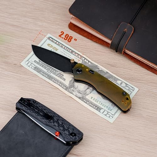 Image of Vosteed Marten EDC Folding Pocket Knife - 2.98 inch 154CM Blade - Top Liner Lock, Amber PEI Handle with Belt Clip - Camping, Hiking Knives - A1607