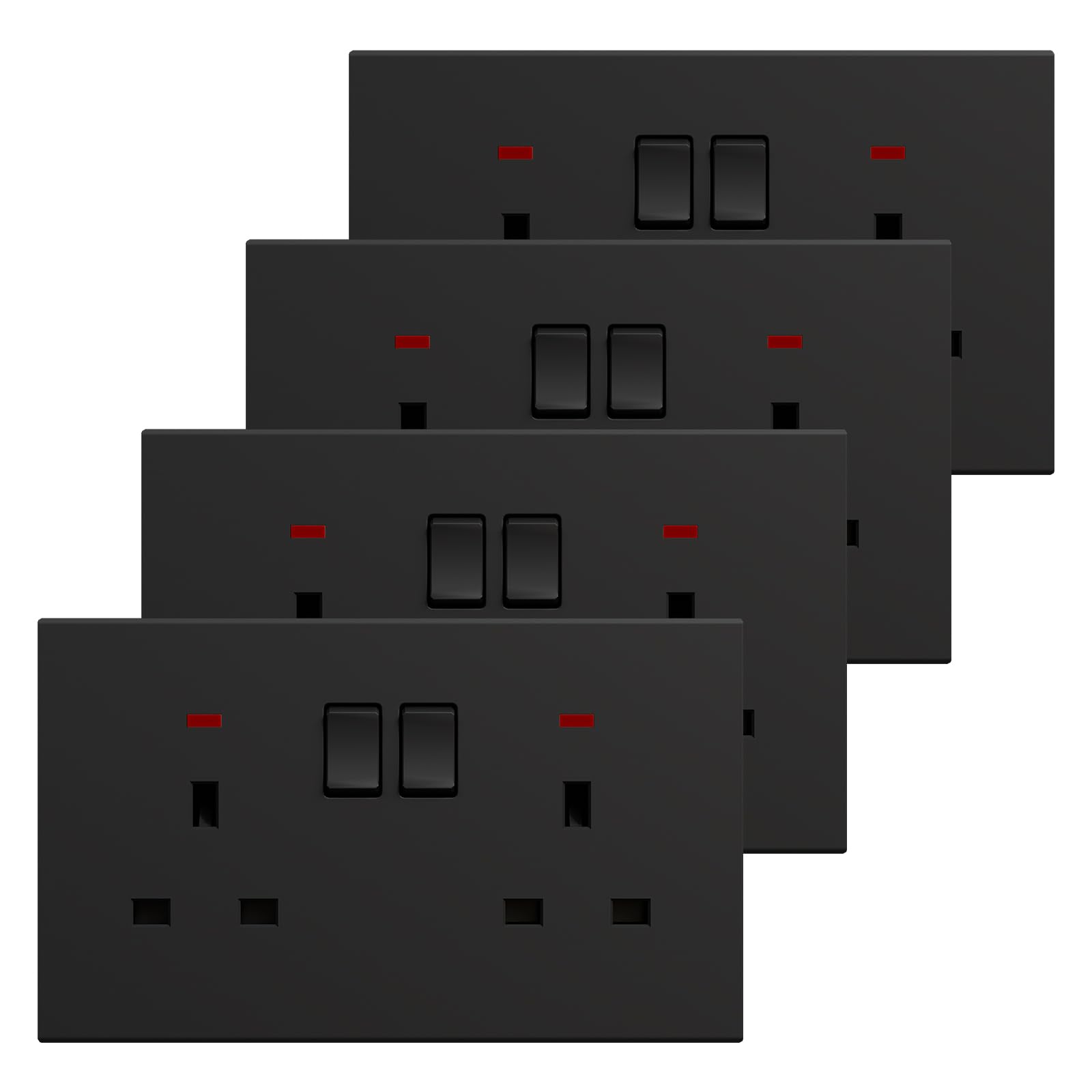 BSEED Double Socket 4 Pack, Electrical Double Switched Power Plug Wall Socket with LED Indicator, PC Wall Plate Outlet, Black, 13A