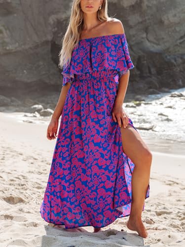 Image of CUPSHE Women Ruffle Floral Maxi Summer Dress Off Shoulder Short Sleeve Backless Flounce Bodice Slit Hem Beach Dresses