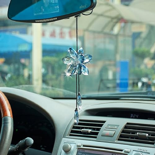 Image of Crystal Flower Car Rear View Mirror Hanging Ornament - Sparkles with Rainbows for a Sense of Luck and Happiness Car Interior Accessories (Blue)