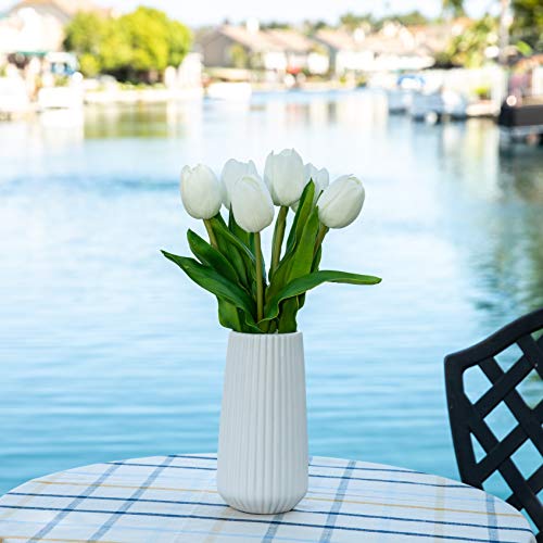 Flora Bunda Artificial Flowers Real Touch White Tulips In 8” H Ceramic Vase, 16” H Include Matte White Vase, Potted Fake Tulips, Wedding Centerpiece Office Home Decorations (Vase Included) #TOP2