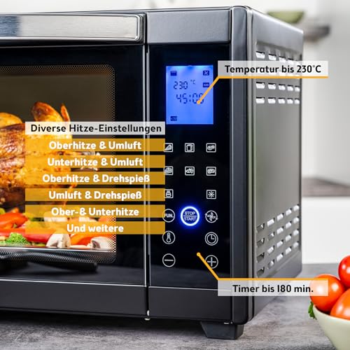 TZS First Austria - Minibackofen Digital 45L 2000W - Premium-X Coating, Temperaturregelung bis 230°C & 4 Ebenen– Miniofen 180 Min. Timer & 8 Modi – inkl. Drehspieß – Für kleine Küchen & Camping – Bild 5