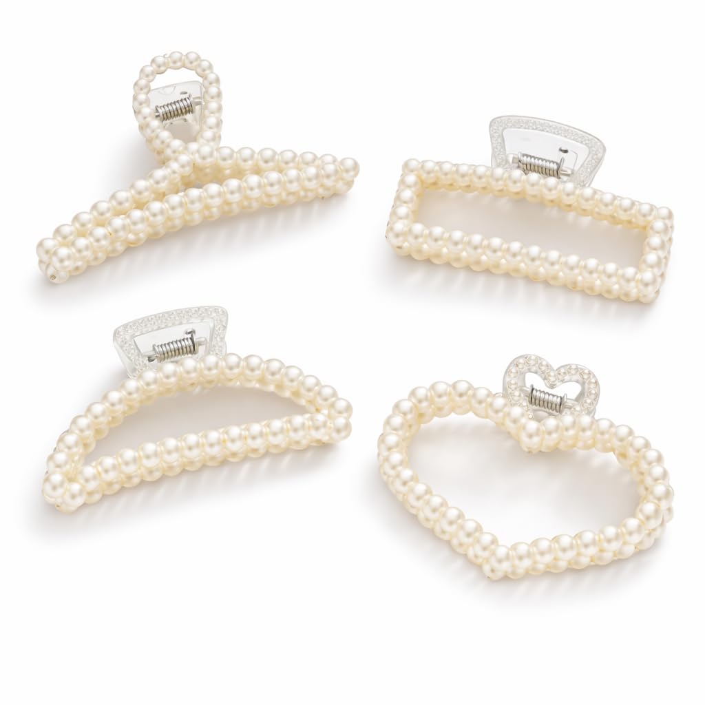 4PCS Large Pearl Hair Claw Clips for Women & Girls Strong Hold Hair Clamps for Thick & Thin Hair Elegant Barrettes for Wedding, Party & Everyday Styling