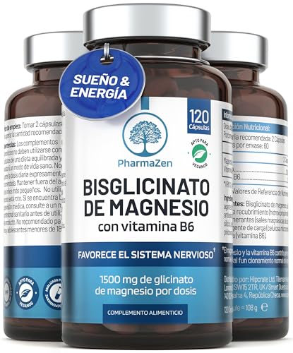 Bisglicinato de Magnesio 1500 mg - Sueño y energía - 300 mg de magnesio puro con vitamina B6 - Glicinato quelado - 120 cápsulas veganas - Alta absorción - PharmaZen