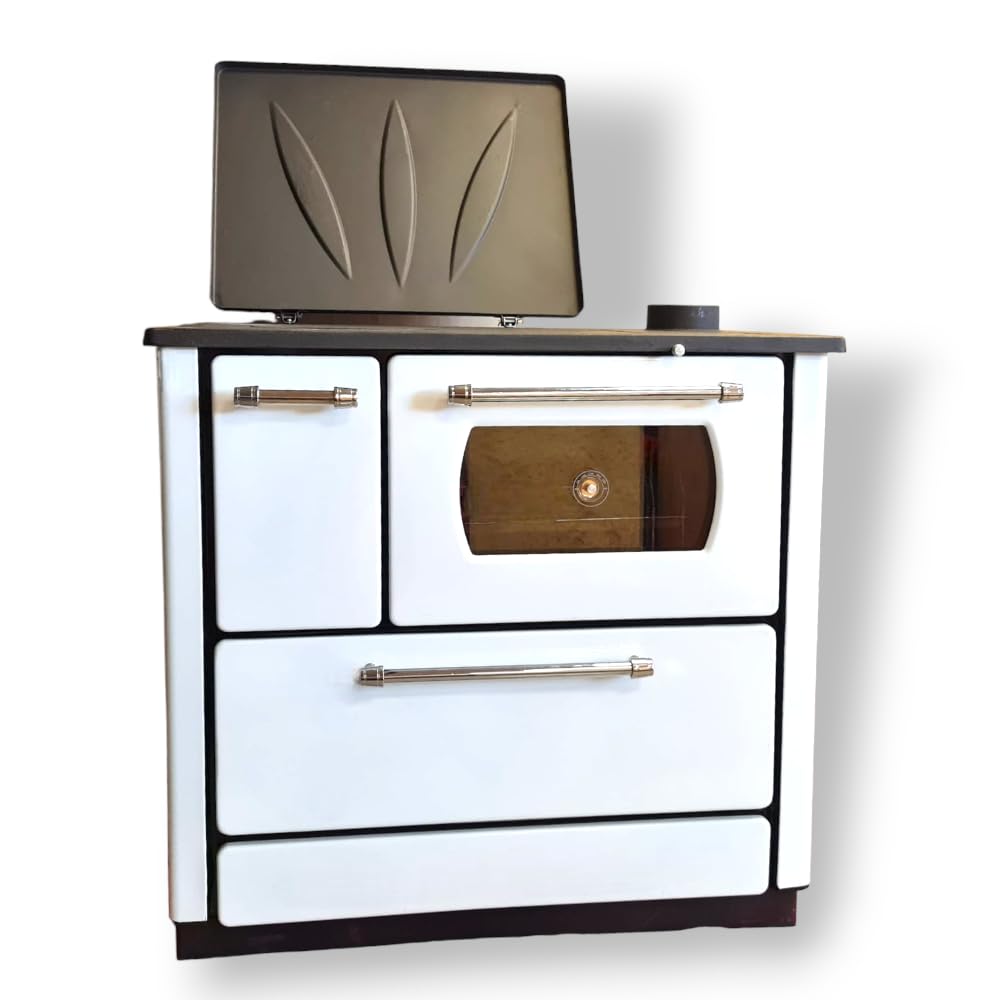 OMG Stufa Cucina Riscaldamento a Legna con Forno Struttura in Acciaio 9,06 kW Popular - White
