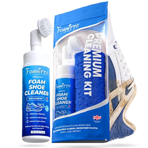 Foamitto® Shoe Cleaner Kit – 200ml Foam with Built-In Brush & Microfiber Cloth | Waterless Trainer & White Shoe Cleaner for Sneakers, Canvas, Knit, Rubber, PU & Leather