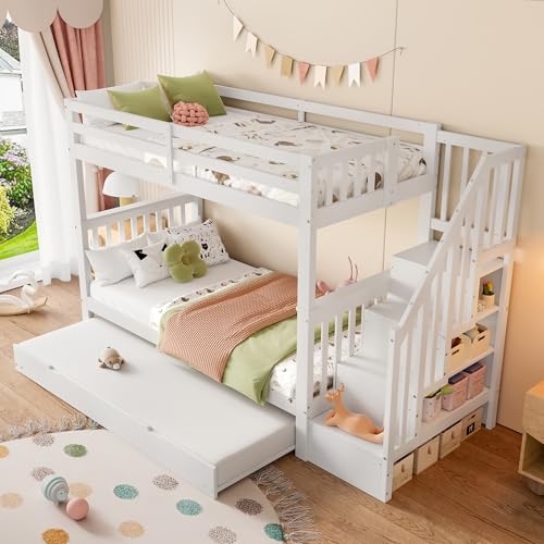 Azkoeesy Cama Infantil con Escalera y Cama Nido, 90x200 cm, litera para 3 niños y Adolescentes, con 3 somieres y almacenaje, para Adultos, Madera de Pino, Color Blanco - imagen 9