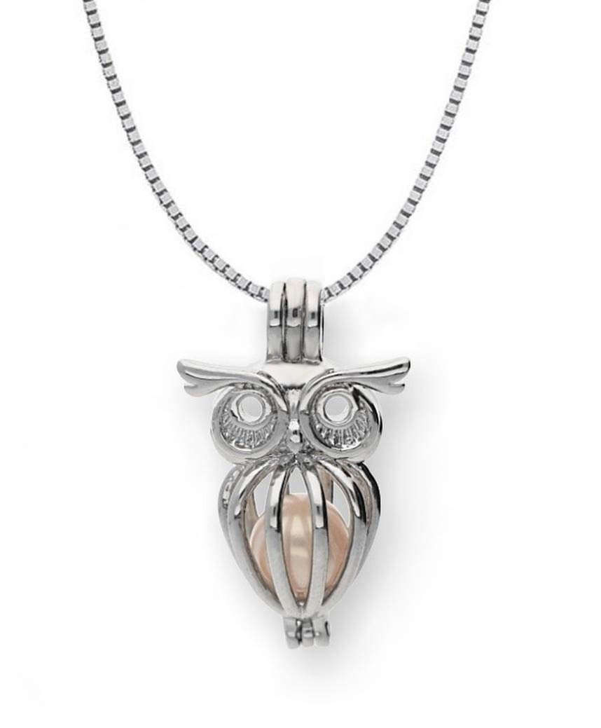 PearlinaSterling Silver Owl Necklace Cage Cultured Pearl in Oyster Wish Pearl Set 18"
