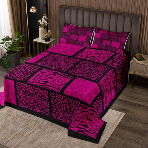 Wild Animals Skin Quilt Set for Kids,Pink Leopard Bedspread Coverlet,Zebra Giraffe Fur Pattern Bed Cover Grid Splicing Bedding Set Decorative Quilted 2 Piece Coverlet with 1 Pillow Sham,Twin Size