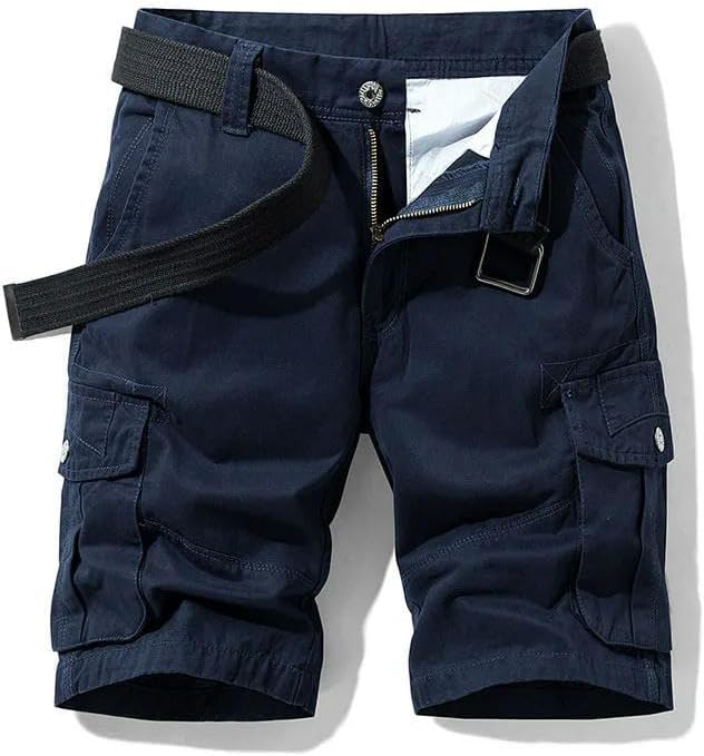 Men's Summer Baggy Multi Pocket Military Cargo Shorts Cotton Khaki No Belt