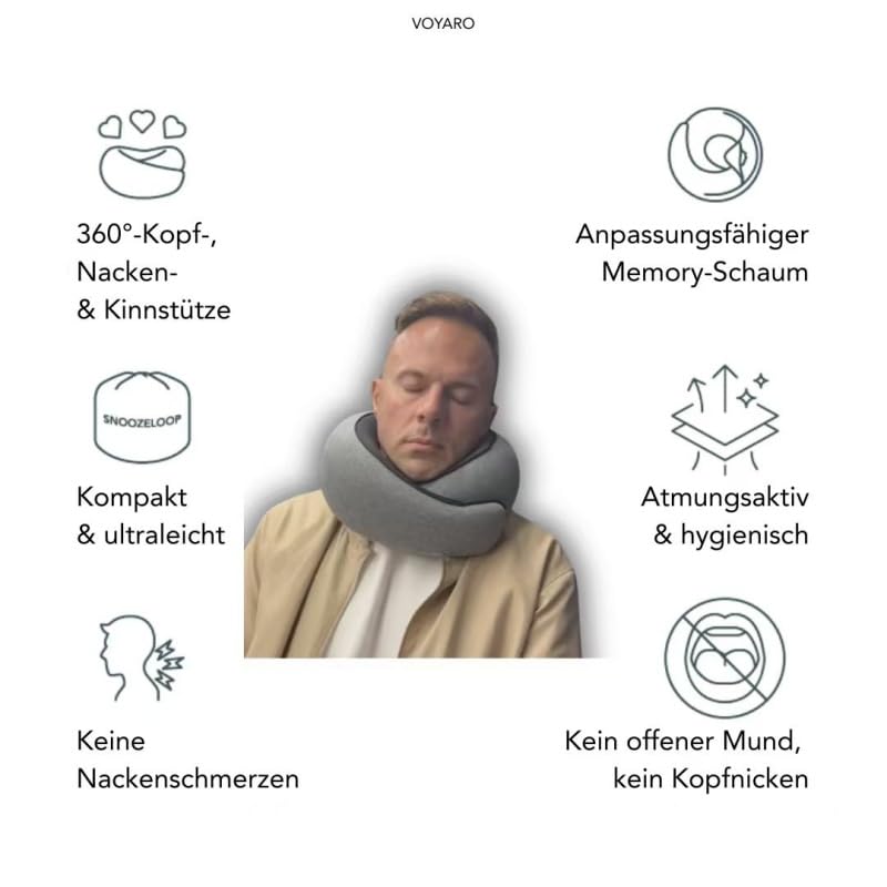 voyaro SnoozeLoop nackenkissen - Ergonomisches & Komprimierbares Reisekissen mit 360° Nackenstütze für Reisen, Auto und Zuhause
