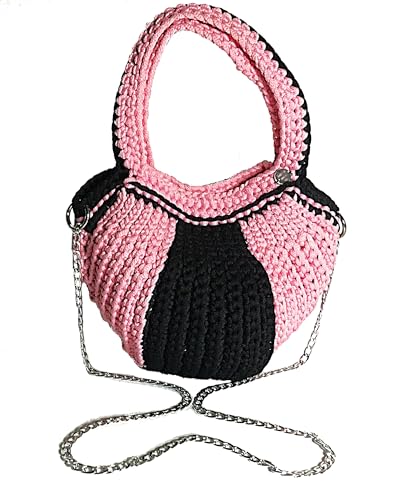 Bolsa em Crochê com Fio Náutico – Preta com Alça em Acrílico e Corrente (rosa com preto)