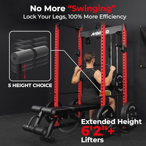 Image of Mikolo F4 2.0 Power Cage with Dual-Track Smooth Pulley System, 1200LBS Power Rack with Leg Hold-Down for Heavy LAT Pulldowns (Red, F4 2.0 Package)