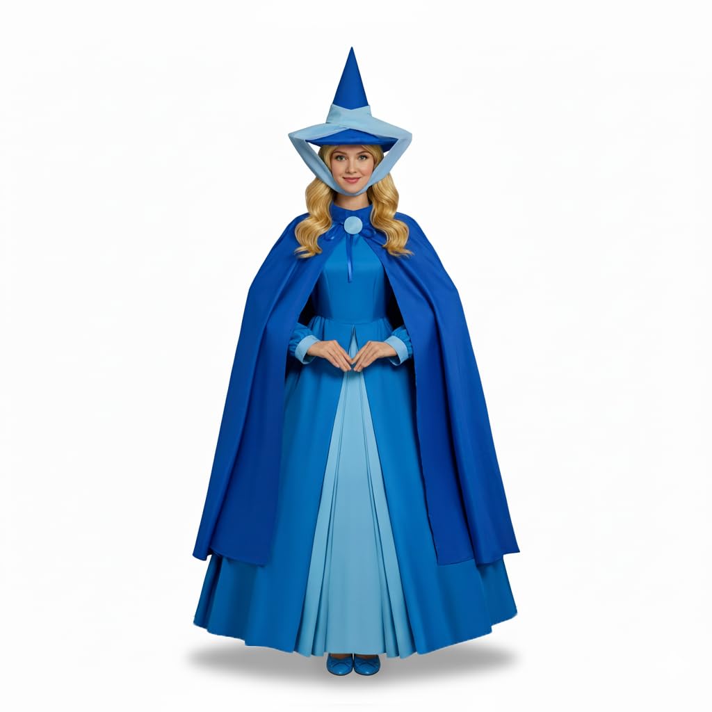 CosplayDiy Women's Fairy Godmother Costume Sleeping Princess Godmother Dress Costume Set with Hat Cape Blue S