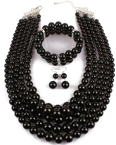 Shineland Elegant Multilayers Simulated Pearl Strand Cluster Collar Bib Choker Costume Jewelry Sets (Black)