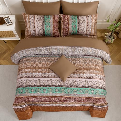 Image of Cottolester Boho Comforter Set Full Size 8 Pieces, Brown Bohemian Striped Bed in a Bag, Paisley Soft Microfiber Bedding Comforter Set