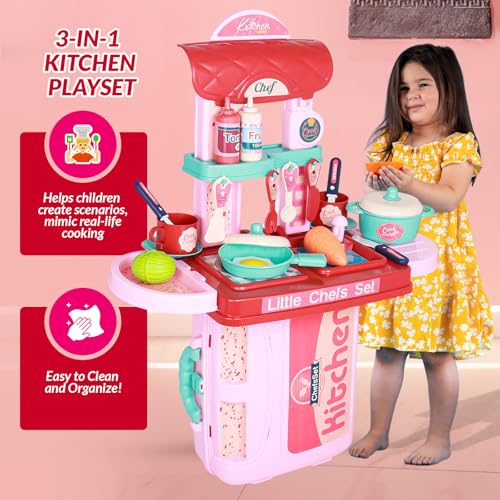 Image of PUREjoy 3in1 Plastic Pretend Play Portable 28 pcs Kitchen Set for Girls and Boys