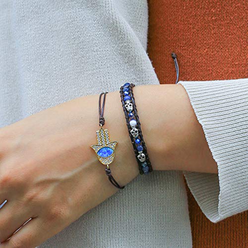 Image of KELITCH 925 Silver Skull Bracelets Wrap Bracelets Women Crystal Beaded Bracelets on Natural Leather