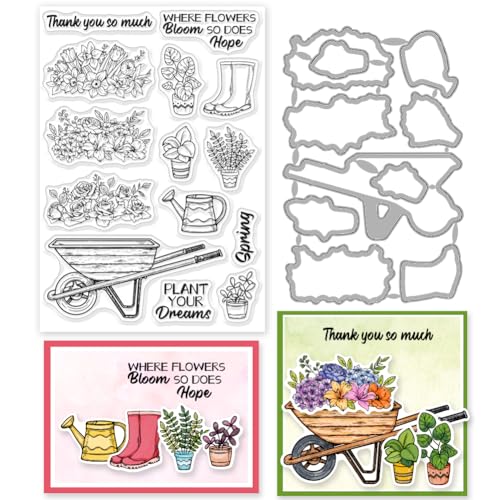 INFUNLY 2pcs Spring Flowers Stamp and Dies for Card Making Inspirational Word Clear Stamp Garden Die Cuts Potted Plant Rubber Stamps Spray Bottle Cutting Die for Scrapbooking Embossing Album DIY Craft