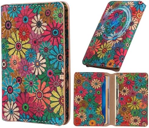 Denior for Magsafe Floral Cork Wallet, Magnetic Wallet for Samsung s25 ultra, RFID Blocking＆Fits 4 Cards, Phone Card Holder for iPhone 17-8 Series (Dusty Blue)