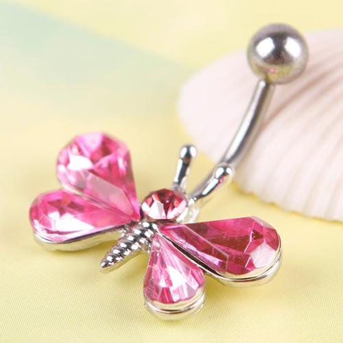 Beautiful Rhinestone Butterfly Navel Belly Button Barbell Ring Body Piercing Pink