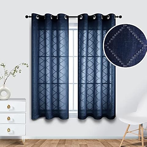 Navy Blue Sheer Curtains for Small Narrow Windows 38 Inch Wide Grommet Short Skinny Geometric Embroidered Trellis Diamond Pattern Curtains for Bedroom Kitchen Bathroom 38x45 Inches Long Dark Blue Cover