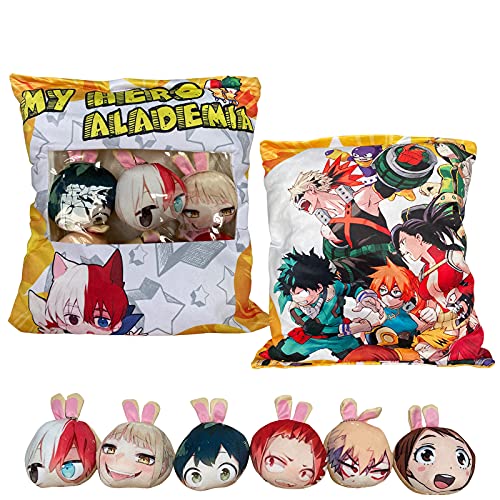QAHEART MHA Plush Toy Pillow Cute Snack Bag Toy with 6 Mini Plush Toys Throw Cushion Pillows Izuku Midoriya Stuffed Cosplay Doll Pillow Lovely Doll Toy Pillow, Best Gift for Anime Fans