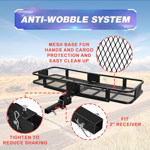 Young 500lb Folding Cargo Rack Carrier 60"x20"x6", 2 Inch Receiver Luggage Basket with Hitch Tightener