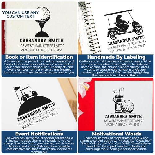 Image of Handheld Golf Champion Crest Duo Hand Return Address Stamp - Teacher Stamp | Home Mailing Stamp. Any standard pad works. Golf Address Stamp. Classic hand stamp. Nothing to dry out. Square imprint.