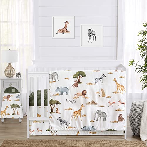 Image of Sweet Jojo Designs Jungle Animals Baby Boy Girl Nursery 4pc Crib Bedding Set Dark Hunter Green Yellow Grey Rust Orange Black White Wildlife Safari Animal Elephant Giraffe Lion Monkey Leopard Cheetah