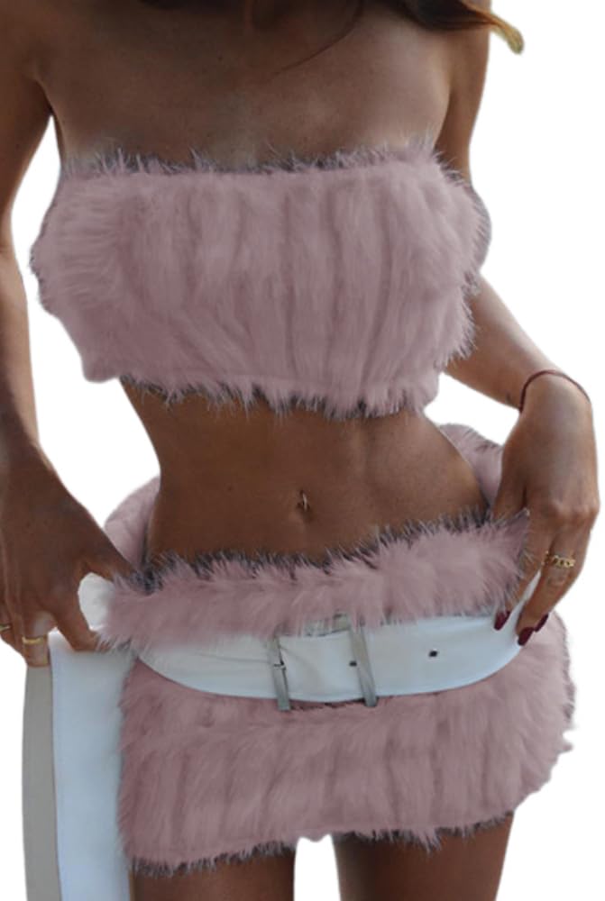 Womens Crop Tube Top Sexy Babe Furry Mini Skirt Faux Fur Club Rave Set Y2K Solid Color Fuzzy